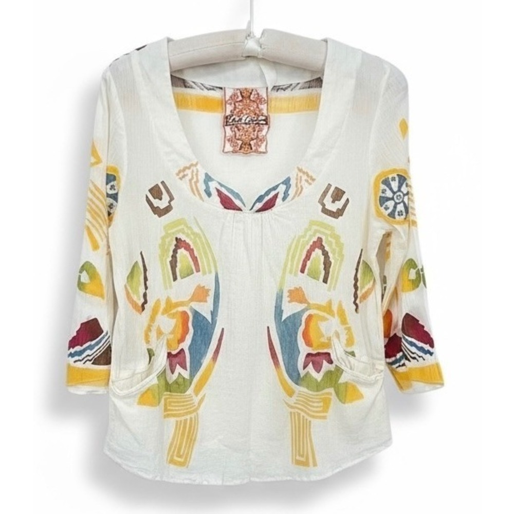 Robert Graham Ivory Shirt Small Embroidered Detail‎ 3/4 Sleeve Colorful Top - CJ